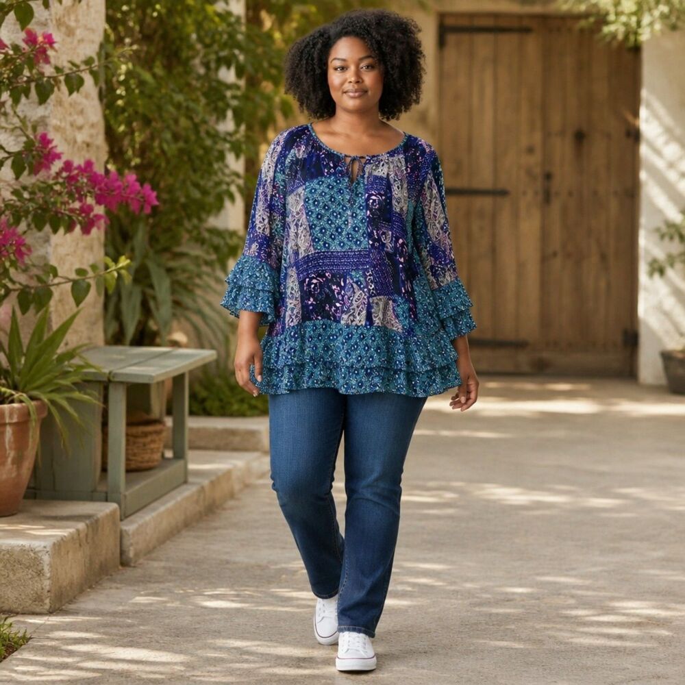 Kim Rogers Bohemian Patchwork Tunic Blouse Boho Chic Peasant Ruffle Top Sz L